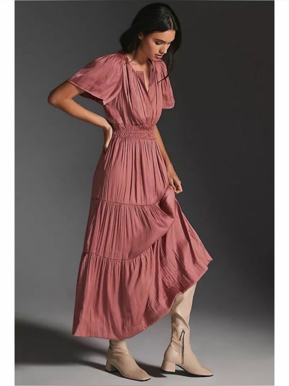 Anthropologie Somerset Satin Maxi Dress Rose Pink Mauve Large